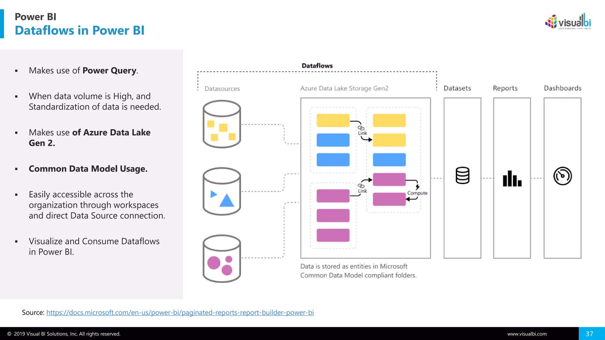 © 2019 Visual BI Solutions, Inc. All rights reserved. www.visualbi.com 37
Power BI
Dataflows in Power BI
Source: https://docs.microsoft.com/en-us/power-bi/paginated-reports-report-builder-power-bi
▪ Makes use of Power Query.
▪ When data volume is High, and
Standardization of data is needed.
▪ Makes use of Azure Data Lake
Gen 2.
▪ Common Data Model Usage.
▪ Easily accessible across the
organization through workspaces
and direct Data Source connection.
▪ Visualize and Consume Dataflows
in Power BI.
 