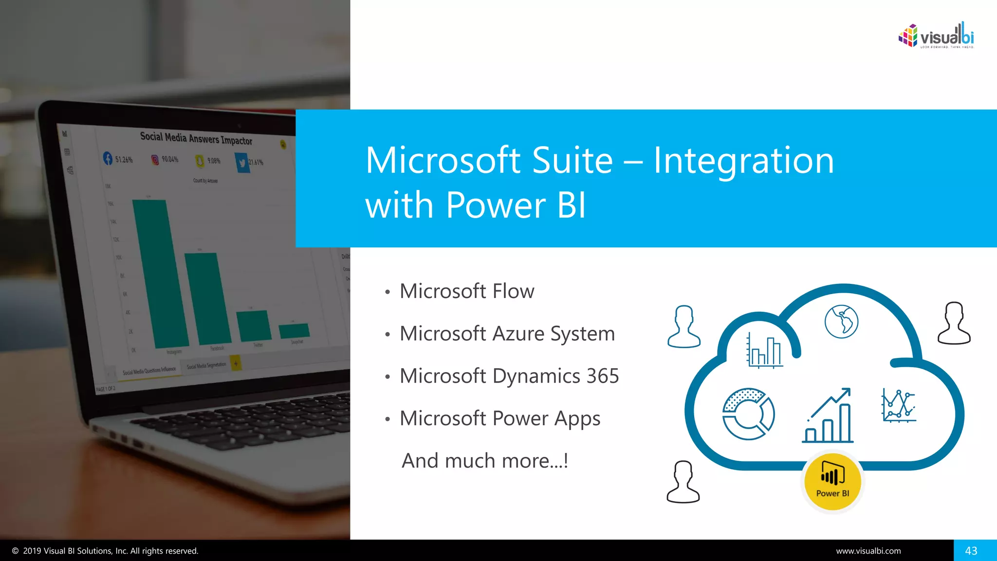 © 2019 Visual BI Solutions, Inc. All rights reserved. www.visualbi.com 43
Microsoft Suite – Integration
with Power BI
• Microsoft Flow
• Microsoft Azure System
• Microsoft Dynamics 365
• Microsoft Power Apps
And much more...!
 