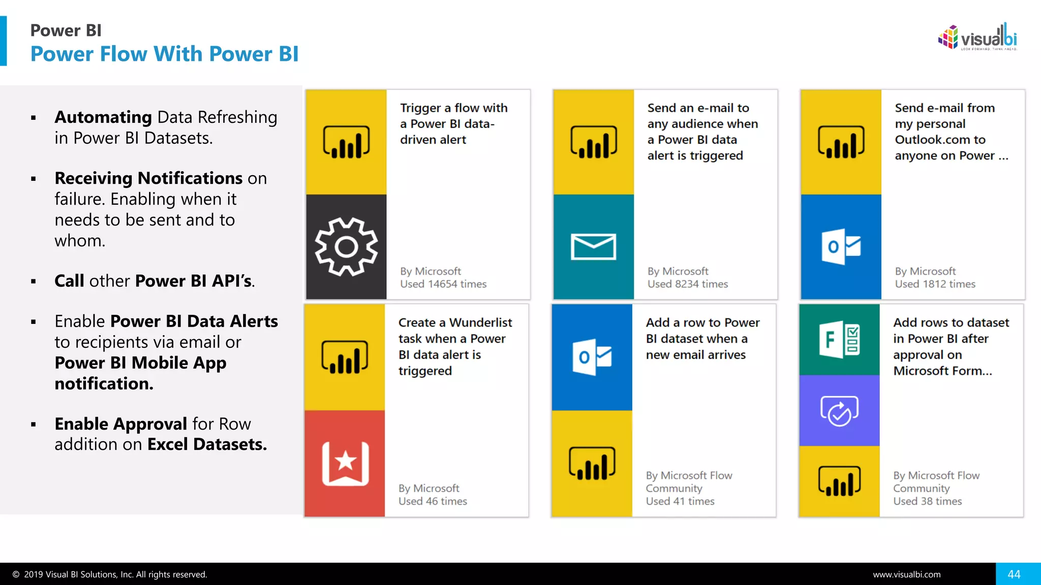 © 2019 Visual BI Solutions, Inc. All rights reserved. www.visualbi.com 44
▪ Automating Data Refreshing
in Power BI Datasets.
▪ Receiving Notifications on
failure. Enabling when it
needs to be sent and to
whom.
▪ Call other Power BI API’s.
▪ Enable Power BI Data Alerts
to recipients via email or
Power BI Mobile App
notification.
▪ Enable Approval for Row
addition on Excel Datasets.
Power BI
Power Flow With Power BI
 