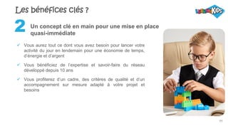 11
Un concept clé en main pour une mise en place
quasi-immédiate
2
Les bénéfices clés ?
 Vous aurez tout ce dont vous avez besoin pour lancer votre
activité du jour en lendemain pour une économie de temps,
d’énergie et d’argent
 Vous bénéficiez de l’expertise et savoir-faire du réseau
développé depuis 10 ans
 Vous profiterez d’un cadre, des critères de qualité et d’un
accompagnement sur mesure adapté à votre projet et
besoins
 