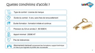 6
Quelles conditions d’accès ?
Type de contrat : License de marque
Durée du contrat : 5 ans, sans frais de renouvellement
Durée formation : formation initiale et continue
Prévision du CA en année 2 : 80 000€ K
Apport minimal : 2000€ HT
Pas de redevances
Abonnement mensuel comprenant les formations, support technique
et mise à jour logiciels et profiter des nouveautés
 