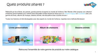 7
Quels produits phares ?
7
Retrouvez l’ensemble de notre gamme de produits sur notre catalogue
Livres personnalisés Album de chansons Dessins animés
Plébiscité par les enfants, les parents, grands-parents et experts du monde de l’enfance, Mon Monde à Moi propose une collection
d’histoires personnalisées pour enfants dans lesquelles l’enfant devient le héros pour un moment magique et inoubliable avec une
gamme de livres, albums de musique, dessins animés, kits éducatifs et bien d’autres encore !
Toutes nos histoires ont été développées avec des experts du monde de l’enfance, inspirées de la méthode Montessori.
 