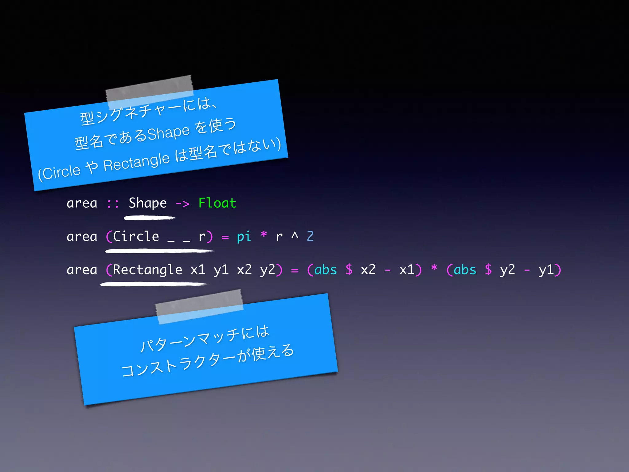 area :: Shape -> Float	
area (Circle _ _ r) = pi * r ^ 2	
area (Rectangle x1 y1 x2 y2) = (abs $ x2 - x1) * (abs $ y2 - y1)
型シグネチャーには、
型名であるShape を使う
(Circle や Rectangle は型名ではない)
パターンマッチには
コンストラクターが使える
 