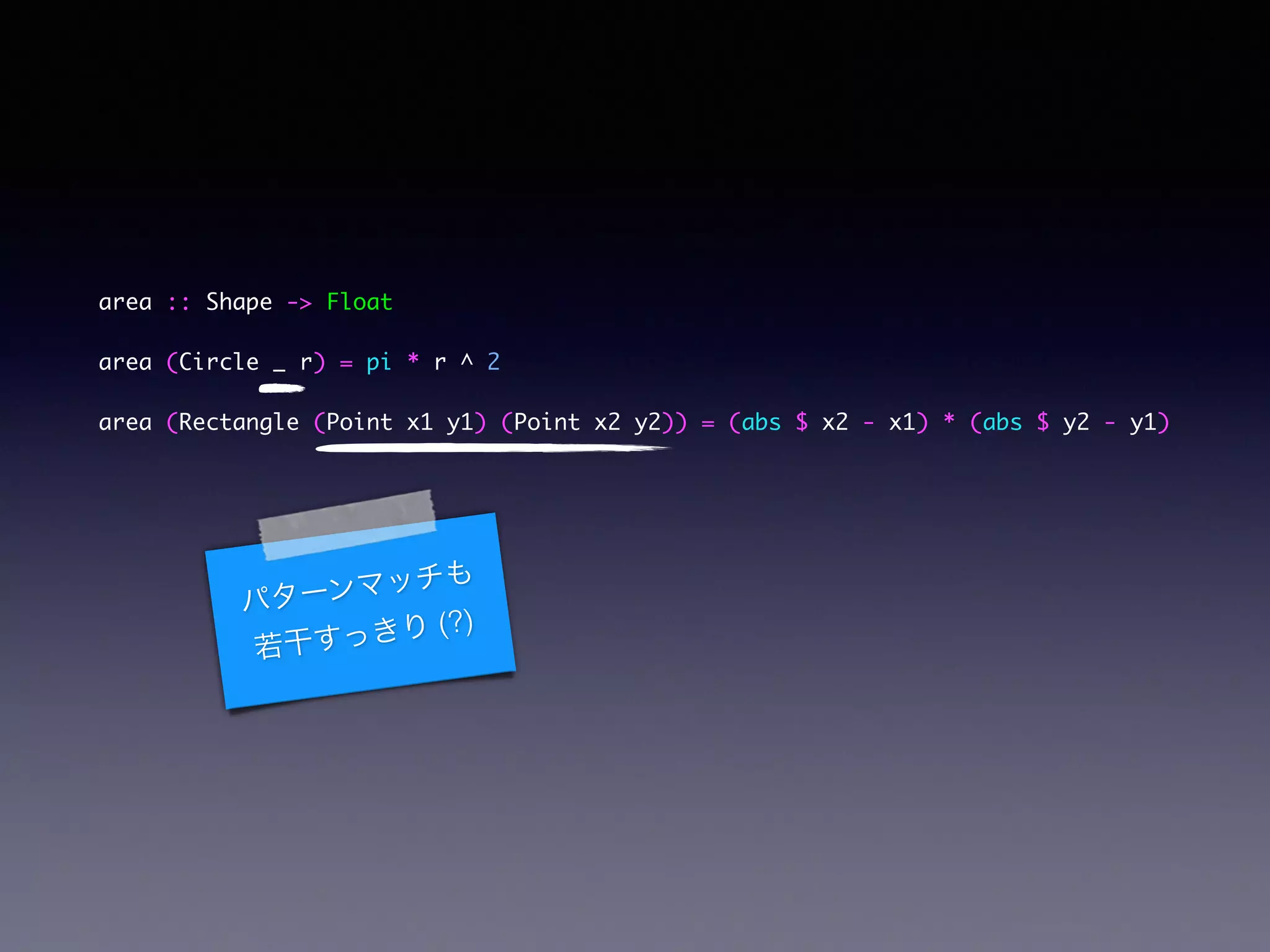 area :: Shape -> Float	
area (Circle _ r) = pi * r ^ 2	
area (Rectangle (Point x1 y1) (Point x2 y2)) = (abs $ x2 - x1) * (abs $ y2 - y1)
パターンマッチも
若干すっきり (?)
 