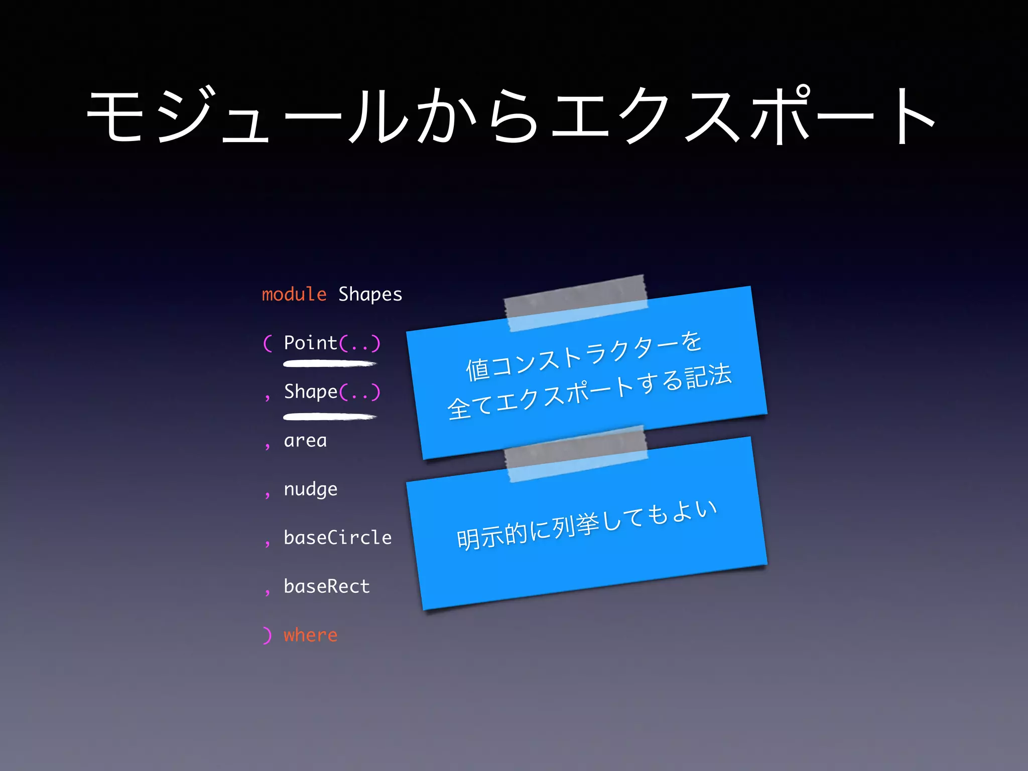 モジュールからエクスポート
module Shapes	
( Point(..)	
, Shape(..)	
, area	
, nudge	
, baseCircle	
, baseRect	
) where
値コンストラクターを
全てエクスポートする記法
明示的に列挙してもよい
 