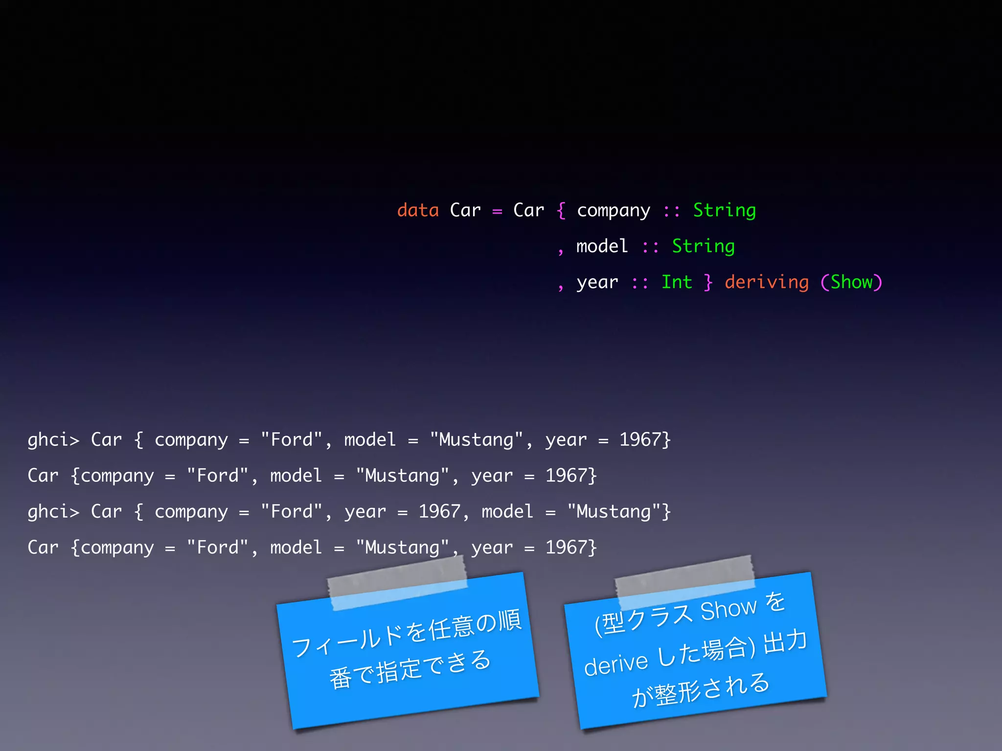 data Car = Car { company :: String	
, model :: String	
, year :: Int } deriving (Show)	
ghci> Car { company = "Ford", model = "Mustang", year = 1967}	
Car {company = "Ford", model = "Mustang", year = 1967}	
ghci> Car { company = "Ford", year = 1967, model = "Mustang"}	
Car {company = "Ford", model = "Mustang", year = 1967}	
フィールドを任意の順
番で指定できる
(型クラス Show を
derive した場合) 出力
が整形される
 
