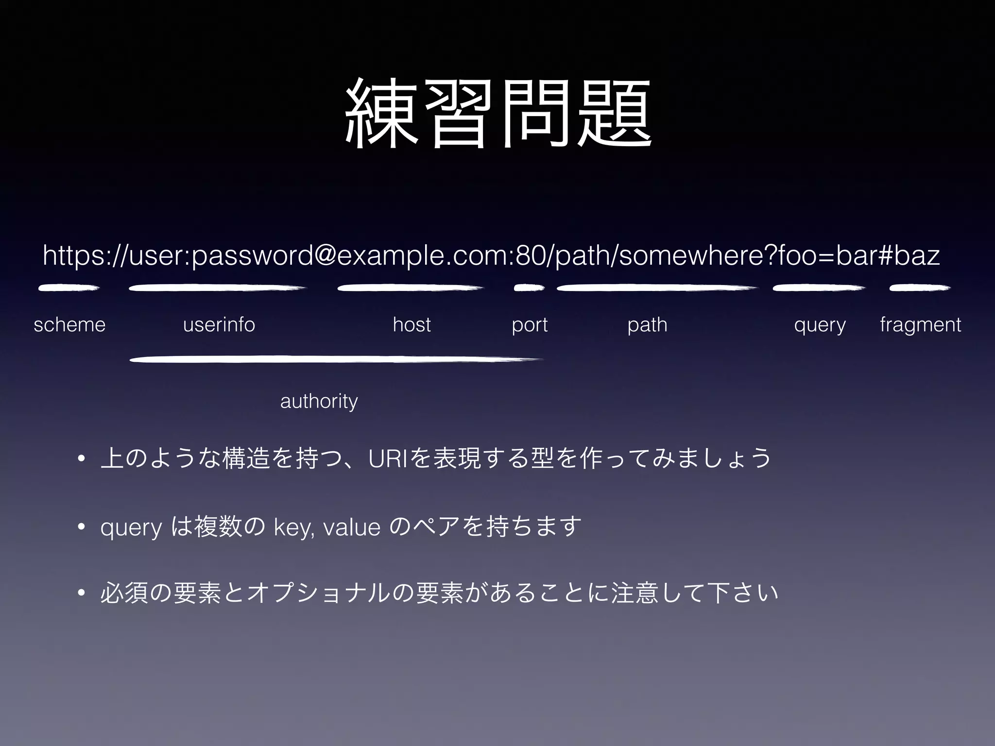 練習問題
• 上のような構造を持つ、URIを表現する型を作ってみましょう
• query は複数の key, value のペアを持ちます
• 必須の要素とオプショナルの要素があることに注意して下さい
https://user:password@example.com:80/path/somewhere?foo=bar#baz
scheme userinfo host port path query fragment
authority
 