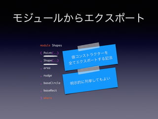 ⥸`뤫饨ݩ`
module Shapes	
( Point(..)	
, Shape(..)	
, area	
, nudge	
, baseCircle	
, baseRect	
) where
󥹥ȥ饯`
ȫƥݩ`Ȥӛ
ʾĤВƤ褤
 