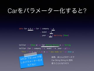 Carѥ``?
data Car a b c = Car { company :: a	
, model :: b	
, year :: c } deriving (Show)
tellCar :: (Show a) => Car String String a -> String	
tellCar (Car { company = c, model = m, year = y}) =	
"This " ++ c ++ " " ++ m ++ " was made in " ++ show y	
tellCar Ǥ year 
ѥ``
Ƥʤ
Y֡ۤȤɤΥ`
Car String String Int ͤ
ʹȤˤʤꤽ
 