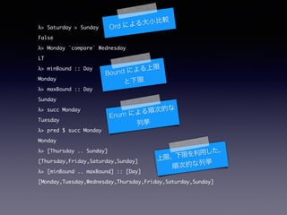 > Saturday > Sunday	
False	
> Monday `compare` Wednesday	
LT	
> minBound :: Day	
Monday	
> maxBound :: Day	
Sunday	
> succ Monday	
Tuesday	
> pred $ succ Monday	
Monday	
> [Thursday .. Sunday]	
[Thursday,Friday,Saturday,Sunday]	
> [minBound .. maxBound] :: [Day]	
[Monday,Tuesday,Wednesday,Thursday,Friday,Saturday,Sunday]	
Ord ˤС^
Bound ˤ

Enum ˤ혴εĤ
В
ޡޤä
혴εĤВ
 
