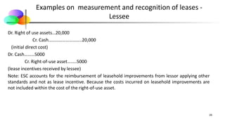 Examples on measurement and recognition of leases -
Lessee
Dr. Right of use assets…20,000
Cr. Cash………………………..20,000
(initial direct cost)
Dr. Cash………5000
Cr. Right-of-use asset……..5000
(lease incentives received by lessee)
Note: ESC accounts for the reimbursement of leasehold improvements from lessor applying other
standards and not as lease incentive. Because the costs incurred on leasehold improvements are
not included within the cost of the right-of-use asset.
29
 