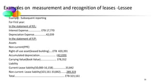Examples on measurement and recognition of leases -Lessee
Example : Subsequent reporting
For First year:
In the statement of P/L:
Interest Expense………………. ETB 17,770
Depreciation Expense………………42,039
In the statement of F/P:
Assets
Non-current(PPE)
Right-of-use asset(leased building)…..ETB 420,391
Accumulated depreciation…………………… .(42,039)
Carrying Value(Book Value)…………………… 378,352
Liability
Current-Lease liability(50,000-16,158)……………….33,842
Non-current- Lease liability(323,161-33,842)………289,319
Total…………………………………………………………………. ETB 323,161
32
 