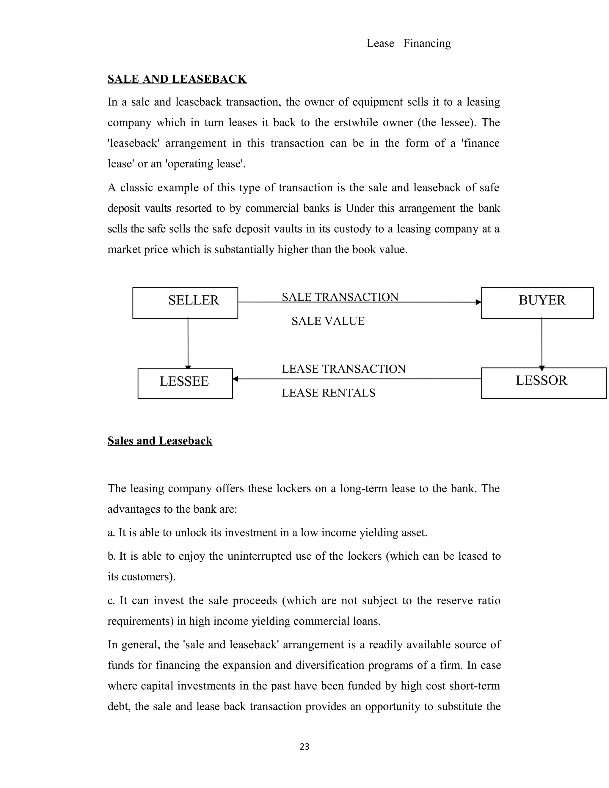 Lease Financing
SALE AND LEASEBACK
In a sale and leaseback transaction, the owner of equipment sells it to a leasing
company which in turn leases it back to the erstwhile owner (the lessee). The
'leaseback' arrangement in this transaction can be in the form of a 'finance
lease' or an 'operating lease'.
A classic example of this type of transaction is the sale and leaseback of safe
deposit vaults resorted to by commercial banks is Under this arrangement the bank
sells the safe sells the safe deposit vaults in its custody to a leasing company at a
market price which is substantially higher than the book value.
SALE TRANSACTION
SALE VALUE
LEASE TRANSACTION
LEASE RENTALS
Sales and Leaseback
The leasing company offers these lockers on a long-term lease to the bank. The
advantages to the bank are:
a. It is able to unlock its investment in a low income yielding asset.
b. It is able to enjoy the uninterrupted use of the lockers (which can be leased to
its customers).
c. It can invest the sale proceeds (which are not subject to the reserve ratio
requirements) in high income yielding commercial loans.
In general, the 'sale and leaseback' arrangement is a readily available source of
funds for financing the expansion and diversification programs of a firm. In case
where capital investments in the past have been funded by high cost short-term
debt, the sale and lease back transaction provides an opportunity to substitute the
23
SELLER BUYER
LESSEE LESSOR
 