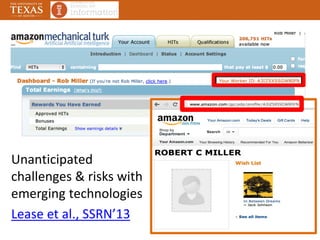Unanticipated
challenges & risks with
emerging technologies
Lease et al., SSRN’13
11
 