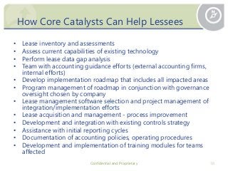 How Core Catalysts Can Help Lessees
• Lease inventory and assessments
• Assess current capabilities of existing technology
• Perform lease data gap analysis
• Team with accounting guidance efforts (external accounting firms,
internal efforts)
• Develop implementation roadmap that includes all impacted areas
• Program management of roadmap in conjunction with governance
oversight chosen by company
• Lease management software selection and project management of
integration/implementation efforts
• Lease acquisition and management - process improvement
• Development and integration with existing controls strategy
• Assistance with initial reporting cycles
• Documentation of accounting policies, operating procedures
• Development and implementation of training modules for teams
affected
Confidential and Proprietary 10
 