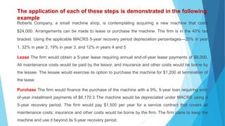 The application of each of these steps is demonstrated in the following
example
Roberts Company, a small machine shop, is contemplating acquiring a new machine that costs
$24,000. Arrangements can be made to lease or purchase the machine. The firm is in the 40% tax
bracket. Using the applicable MACRS 5-year recovery period depreciation percentages—20% in year
1, 32% in year 2, 19% in year 3, and 12% in years 4 and 5
Lease The firm would obtain a 5-year lease requiring annual end-of-year lease payments of $6,000.
All maintenance costs would be paid by the lessor, and insurance and other costs would be borne by
the lessee. The lessee would exercise its option to purchase the machine for $1,200 at termination of
the lease
Purchase The firm would finance the purchase of the machine with a 9%, 5-year loan requiring end-
of-year installment payments of $6,170.3 The machine would be depreciated under MACRS using a
5-year recovery period. The firm would pay $1,500 per year for a service contract that covers all
maintenance costs; insurance and other costs would be borne by the firm. The firm plans to keep the
machine and use it beyond its 5-year recovery period.
 