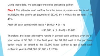 Using these data, we can apply the steps presented earlier:
Step 1 The after-tax cash outflow from the lease payments can be found by
multiplying the before-tax payment of $6,000 by 1 minus the tax rate, T, of
40%.
After-tax cash outflow from lease = $6,000 × (1 - T)
= $6,000 × (1 - 0.40) = $3,600
Therefore, the lease alternative results in annual cash outflows over the 5-
year lease of $3,600. In the final year, the $1,200 cost of the purchase
option would be added to the $3,600 lease outflow to get a total cash
outflow in year 5 of $4,800 ($3,600 + $1,200).
 