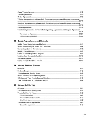     xiii
Create Vendor Account........................................................................................................... 32-2
Vendor Agreements.................................................................................................................32-2
Define Agreements..................................................................................................................32-3
Validate Agreements--Applies to Both Operating Agreements and Program Agreements
................................................................................................................................................ 32-17
Duplicate Agreements--Applies to Both Operating Agreements and Program Agreements
................................................................................................................................................ 32-18
Update Agreements............................................................................................................... 32-19
Terminate Agreements--Applies to Both Operating Agreements and Program Agreements
................................................................................................................................................ 32-24
Terminate an Agreement................................................................................................. 32-24
Abandon an Agreement...................................................................................................32-26
33 Cures, Repurchases, and Refunds
Set Up Cures, Repurchases, and Refunds...............................................................................33-1
Define Vendor Program Terms and Conditions.................................................................... 33-4
Requesting a Cure or Repurchase........................................................................................... 33-6
Identify Potential Cures.......................................................................................................... 33-7
Create a Cure or Repurchase Request .................................................................................... 33-7
Sending Cure Requests to Vendors...................................................................................... 33-10
Process Acceptance................................................................................................................ 33-11
Create a Cure Refund for a Vendor...................................................................................... 33-12
34 Vendor Residual Sharing
Overview................................................................................................................................. 34-1
Business Process...................................................................................................................... 34-2
Vendor Residual Sharing Setup............................................................................................. 34-2
Define Vendor Residual Sharing Terms................................................................................ 34-3
Calculate and View Vendor Residual Sharing.......................................................................34-3
View Vendor Share in Vendor Self Service........................................................................... 34-4
35 Vendor Self Service
Overview................................................................................................................................. 35-1
Vendor Self Service Prerequisites.......................................................................................... 35-1
Vendor Self Service Home...................................................................................................... 35-2
View Notifications............................................................................................................. 35-2
View and Create Bookmarks..............................................................................................35-2
Use Shortcuts..................................................................................................................... 35-2
Vendor Self Service Agreements............................................................................................ 35-2
Search for Agreement........................................................................................................ 35-2
 