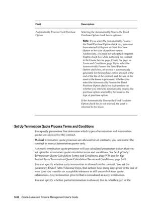 9-32    Oracle Lease and Finance Management User's Guide
Field Description
Automatically Process Fixed Purchase
Option
Selecting the Automatically Process the Fixed
Purchase Option check box is optional.
Note: If you select the Automatically Process
the Fixed Purchase Option check box, you must
have selected $1 Buyout or Fixed Purchase
Option as the type of purchase option.
Additionally, you must not select the Evergreen
Eligible check box while authoring the contract
in the Create Service page, Create Fee page, or
Terms and Conditions page. If you select the
Automatically Process the Fixed Purchase
Option check box, an invoice is automatically
generated for the purchase option amount at the
end of the life of the contract, and the sale of the
asset to the lessee is processed. Whether you
select the Automatically Process the Fixed
Purchase Option check box is dependent on
whether you intend to automatically process the
purchase option selected by the lessee as the
type of purchase option.
If the Automatically Process the Fixed Purchase
Option check box is not selected, the asset is
returned to the lessor.
Set Up Termination Quote Process Terms and Conditions
You specify parameters that determine which types of termination and termination
quotes are allowed for the contract.
Manual termination quote processes are allowed for all contracts; you can restrict the
contract to manual termination quotes only.
Automatic termination quote processes will use calculated parameters values that you
set up in the termination quote calculation terms and conditions. See Set Up Early
Termination Quote Calculation Terms and Conditions, page 9-36 and Set Up
End-of-Term Termination Quote Calculation Terms and Conditions, page 9-45.
You can specify whether early termination is allowed for the contract. You set the
parameter, End of Term Tolerance Days, that defines how many days prior to the end of
term date you consider an acceptable tolerance to still use end-of-term quote
calculations. Any termination prior to that is considered an early termination.
You can specify whether partial termination is allowed, that is, whether part of the
 