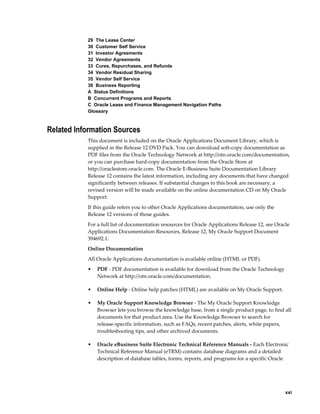     xxi
29  The Lease Center
30  Customer Self Service
31  Investor Agreements
32  Vendor Agreements
33  Cures, Repurchases, and Refunds
34  Vendor Residual Sharing
35  Vendor Self Service
36  Business Reporting
A  Status Definitions
B  Concurrent Programs and Reports
C  Oracle Lease and Finance Management Navigation Paths
Glossary
Related Information Sources
This document is included on the Oracle Applications Document Library, which is
supplied in the Release 12 DVD Pack. You can download soft-copy documentation as
PDF files from the Oracle Technology Network at http://otn.oracle.com/documentation,
or you can purchase hard-copy documentation from the Oracle Store at
http://oraclestore.oracle.com. The Oracle E-Business Suite Documentation Library
Release 12 contains the latest information, including any documents that have changed
significantly between releases. If substantial changes to this book are necessary, a
revised version will be made available on the online documentation CD on My Oracle
Support.
If this guide refers you to other Oracle Applications documentation, use only the
Release 12 versions of those guides.
For a full list of documentation resources for Oracle Applications Release 12, see Oracle
Applications Documentation Resources, Release 12, My Oracle Support Document
394692.1.
Online Documentation
All Oracle Applications documentation is available online (HTML or PDF).
• PDF - PDF documentation is available for download from the Oracle Technology
Network at http://otn.oracle.com/documentation.
• Online Help - Online help patches (HTML) are available on My Oracle Support.
• My Oracle Support Knowledge Browser - The My Oracle Support Knowledge
Browser lets you browse the knowledge base, from a single product page, to find all
documents for that product area. Use the Knowledge Browser to search for
release-specific information, such as FAQs, recent patches, alerts, white papers,
troubleshooting tips, and other archived documents.
• Oracle eBusiness Suite Electronic Technical Reference Manuals - Each Electronic
Technical Reference Manual (eTRM) contains database diagrams and a detailed
description of database tables, forms, reports, and programs for a specific Oracle
 