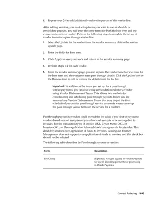 Contract Authoring    9-93
5. Repeat steps 2-4 to add additional vendors for payout of this service line.
After adding vendors, you must set up terms you want to use to schedule or
consolidate payouts. You will enter the same terms for both the base term and the
evergreen term for a vendor. Perform the following steps to complete the set up of
vendor terms for a pass through service line:
1. Select the Update for the vendor from the vendor summary table in the service
update page.
2. Enter the fields for base term.
3. Click Apply to save your work and return to the vendor summary page.
4. Perform steps 1-2 for each vendor.
5. From the vendor summary page, you can expand the vendor node to view rows for
the base term and the evergreen term pass through details. Click the Update icon or
the Remove icon to edit or remove the details from the fee line.
Important: In addition to the terms you set up for a pass through
service payments, you can also set up consolidation rules for a vendor
using Vendor Disbursement Terms. This allows two methods for
consolidating and scheduling pass through payouts. Insure you are
aware of any Vendor Disbursement Terms that may impact the final
schedule of payouts for passthrough service payments when you setup
the pass through vendor terms on the service for a contract.
Passthrough payouts to vendors could exceed the fee value if you elect to payout to
vendors based on cash receipts and you allow cash receipts to be over-applied to
invoices. For the transaction types of Invoice-OKL, Credit Memo-OKL, or
Investor-OKL, an Over-application Allowed check box appears in Receivables. This
check box enables over-application of funds to invoices. Leasing and Finance
Management does not support over-application of funds to invoices, and this check box
should not be selected.
The following table describes the Passthrough payouts to vendors:
Term Description
Pay Group (Optional) Assigns a group to vendor payouts
for use in grouping payments for processing
in Oracle Payables.
 