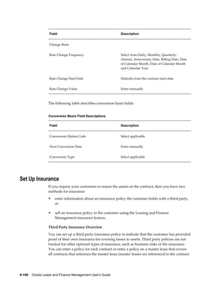9-106    Oracle Lease and Finance Management User's Guide
Field Description
Change Basis
Rate Change Frequency Select from Daily, Monthly, Quarterly,
Annual, Anniversary Date, Billing Date, Date
of Calendar Month, Date of Calendar Month
and Calendar Year
Rate Change Start Date Defaults from the contract start date
Rate Change Value Enter manually
The following table describes conversion basis fields:
Conversion Basis Field Descriptions
Field Description
Conversion Option Code Select applicable
Next Conversion Date Enter manually
Conversion Type Select applicable
Set Up Insurance
If you require your customers to insure the assets on the contract, then you have two
methods for insurance:
• enter information about an insurance policy the customer holds with a third party,
or
• sell an insurance policy to the customer using the Leasing and Finance
Management insurance feature.
Third Party Insurance Overview
You can set up a third party insurance policy to indicate that the customer has provided
proof of their own insurance for covering losses to assets. Third party policies are not
tracked for other optional types of insurance, such as business risks or life insurance.
You can enter a policy for each contract or enter a policy on a master lease that covers
all contracts that reference the master lease (master leases are referenced in the contract
 