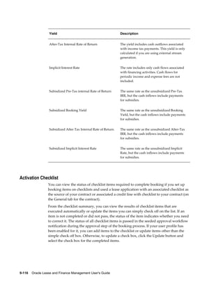 9-116    Oracle Lease and Finance Management User's Guide
Yield Description
After-Tax Internal Rate of Return The yield includes cash outflows associated
with income tax payments. This yield is only
calculated if you are using external stream
generation.
Implicit Interest Rate The rate includes only cash flows associated
with financing activities. Cash flows for
periodic income and expense fees are not
included.
Subisdized Pre-Tax internal Rate of Return The same rate as the unsubsidized Pre-Tax
IRR, but the cash inflows include payments
for subsidies.
Subsidized Booking Yield The same rate as the unsubsidized Booking
Yield, but the cash inflows include payments
for subsidies.
Subsidized After Tax Internal Rate of Return The same rate as the unsubsidized After-Tax
IRR, but the cash inflows include payments
for subsidies.
Subsidized Implicit Interest Rate The same rate as the unsubsidized Implicit
Rate, but the cash inflows include payments
for subsidies.
Activation Checklist
You can view the status of checklist items required to complete booking if you set up
booking items on checklists and used a lease application with an associated checklist as
the source of your contract or associated a credit line with checklist to your contract (on
the General tab for the contract).
From the checklist summary, you can view the results of checklist items that are
executed automatically or update the items you can simply check off on the list. If an
item is not completed or did not pass, the status of the item indicates whether you need
to correct it. The status of all checklist items is passed in the seeded approval workflow
notification during the approval step of the booking process. If your user profile has
been enabled for it, you can add items to the checklist or update items other than the
simple check off box. Otherwise, to update a check box, click the Update button and
select the check box for the completed items.
 