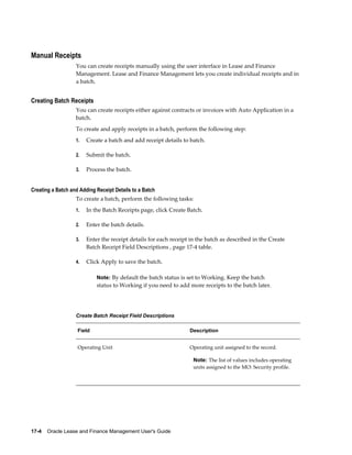 17-4    Oracle Lease and Finance Management User's Guide
Manual Receipts
You can create receipts manually using the user interface in Lease and Finance
Management. Lease and Finance Management lets you create individual receipts and in
a batch.
Creating Batch Receipts
You can create receipts either against contracts or invoices with Auto Application in a
batch.
To create and apply receipts in a batch, perform the following step:
1. Create a batch and add receipt details to batch.
2. Submit the batch.
3. Process the batch.
Creating a Batch and Adding Receipt Details to a Batch
To create a batch, perform the following tasks:
1. In the Batch Receipts page, click Create Batch.
2. Enter the batch details.
3. Enter the receipt details for each receipt in the batch as described in the Create
Batch Receipt Field Descriptions , page 17-4 table.
4. Click Apply to save the batch.
Note: By default the batch status is set to Working. Keep the batch
status to Working if you need to add more receipts to the batch later.
Create Batch Receipt Field Descriptions
Field Description
Operating Unit Operating unit assigned to the record.
Note: The list of values includes operating
units assigned to the MO: Security profile.
 