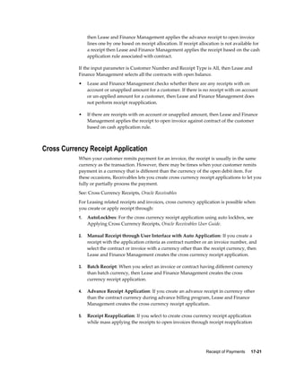 Receipt of Payments     17-21
then Lease and Finance Management applies the advance receipt to open invoice
lines one by one based on receipt allocation. If receipt allocation is not available for
a receipt then Lease and Finance Management applies the receipt based on the cash
application rule associated with contract.
If the input parameter is Customer Number and Receipt Type is All, then Lease and
Finance Management selects all the contracts with open balance.
• Lease and Finance Management checks whether there are any receipts with on
account or unapplied amount for a customer. If there is no receipt with on account
or un-applied amount for a customer, then Lease and Finance Management does
not perform receipt reapplication.
• If there are receipts with on account or unapplied amount, then Lease and Finance
Management applies the receipt to open invoice against contract of the customer
based on cash application rule.
Cross Currency Receipt Application
When your customer remits payment for an invoice, the receipt is usually in the same
currency as the transaction. However, there may be times when your customer remits
payment in a currency that is different than the currency of the open debit item. For
these occasions, Receivables lets you create cross currency receipt applications to let you
fully or partially process the payment.
See: Cross Currency Receipts, Oracle Receivables
For Leasing related receipts and invoices, cross currency application is possible when
you create or apply receipt through:
1. AutoLockbox: For the cross currency receipt application using auto lockbox, see
Applying Cross Currency Receipts, Oracle Receivables User Guide.
2. Manual Receipt through User Interface with Auto Application: If you create a
receipt with the application criteria as contract number or an invoice number, and
select the contract or invoice with a currency other than the receipt currency, then
Lease and Finance Management creates the cross currency receipt application.
3. Batch Receipt: When you select an invoice or contract having different currency
than batch currency, then Lease and Finance Management creates the cross
currency receipt application.
4. Advance Receipt Application: If you create an advance receipt in currency other
than the contract currency during advance billing program, Lease and Finance
Management creates the cross currency receipt application.
5. Receipt Reapplication: If you select to create cross currency receipt application
while mass applying the receipts to open invoices through receipt reapplication
 
