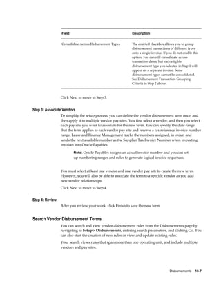 Disbursements    18-7
Field Description
Consolidate Across Disbursement Types The enabled checkbox allows you to group
disbursement transactions of different types
onto a single invoice. If you do not enable this
option, you can still consolidate across
transaction dates, but each eligible
disbursement type you selected in Step 1 will
appear on a separate invoice. Some
disbursement types cannot be consolidated.
See Disbursement Transaction Grouping
Criteria in Step 2 above.
Click Next to move to Step 3.
Step 3: Associate Vendors
To simplify the setup process, you can define the vendor disbursement term once, and
then apply it to multiple vendor pay sites. You first select a vendor, and then you select
each pay site you want to associate for the new term. You can specify the date range
that the term applies to each vendor pay site and reserve a tax reference invoice number
range. Lease and Finance Management tracks the numbers assigned, in order, and
sends the next available number as the Supplier Tax Invoice Number when importing
invoices into Oracle Payables.
Note: Oracle Payables assigns an actual invoice number and you can set
up numbering ranges and rules to generate logical invoice sequences.
You must select at least one vendor and one vendor pay site to create the new term.
However, you will also be able to associate the term to a specific vendor as you add
new vendor relationships
Click Next to move to Step 4.
Step 4: Review
After you review your work, click Finish to save the new term
Search Vendor Disbursement Terms
You can search and view vendor disbursement rules from the Disbursements page by
navigating to Setup > Disbursements, entering search parameters, and clicking Go. You
can also start the creation of new rules or view and update existing rules.
Your search views rules that span more than one operating unit, and include multiple
vendors and pay sites.
 