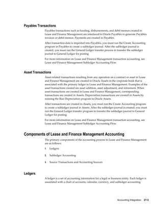 Accounting Integration    27-3
Payables Transactions
Payables transactions such as funding, disbursements, and debit memos created in
Lease and Finance Management are interfaced to Oracle Payables to generate Payables
invoices or debit memos. Payments are created in Payables.
After transaction data is imported into Payables, you must run the Create Accounting
program in Payables to create a subledger journal. After the subledger journal is
created, you must run the General Ledger transfer process to transfer the subledger
journal to General Ledger for posting
For more information on Lease and Finance Management transaction accounting, see
Lease and Finance Management Subledger Accounting Flow.
Asset Transactions
Asset-related transactions resulting from any operation on a contract or asset in Lease
and Finance Management are created in Oracle Assets in the corporate book that is
associated with the primary ledger in Lease and Finance Management. Examples of the
asset transactions created are asset addition, asset adjustment, and retirement. When
asset transactions are created in Lease and Finance Management, corresponding
transactions are created in Assets. Depreciation transactions are created in Assets by
running the Run Depreciation program in Oracle Assets.
After transactions are created in Assets, you must run the Create Accounting program
to create a subledger journal in Assets. After the subledger journal is created, you must
run the General Ledger transfer program to transfer the subledger journal to General
Ledger for posting.
For more information on Lease and Finance Management transaction accounting, see
Lease and Finance Management Subledger Accounting Flow.
Components of Lease and Finance Management Accounting
The primary components of the accounting process in Lease and Finance Management
are as follows:
1. Ledgers
2. Subledger Accounting
3. Source Transactions and Accounting Sources
Ledgers
A ledger is a set of accounting information for a legal or business entity. Each ledger is
associated with a chart of accounts, calendar, currency, and subledger accounting
 