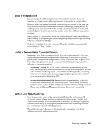 Accounting Integration    27-5
Single or Multiple Ledgers
Lessors can operate within a single country or in multiple countries. If you are
operating in a single country, all transactions may be accounted in a single ledger.
However, when you operate in multiple countries, you can account for the lease and
loan contract transactions in more than one ledger. For example, one ledger may be
used to generate financial reports in the country where the contract is executed, and
another ledger for financial reports in the country where the worldwide headquarters
are based.
For accounting in a single ledger, define one primary ledger in Oracle General Ledger.
For accounting in multiple ledgers, define one primary ledger with multiple secondary
ledgers in Oracle General Ledger.
Customers upgrading from prior versions will have the set of books automatically
converted into a Primary Ledger.
Limited or Expanded Lease Transaction Elements
Lessors may have different requirements for deriving their account codes. You may
require a large number of lease elements for configuring account codes or you may
prefer limited configurability and predefined values for account codes. To provide for
these different requirements, Oracle Lease and Finance Management provides the
following two accounting options:
• Accounting Template Set (ATS): Lessors preferring to use predefined account
codes for different lease transactions should choose this accounting option. Account
codes will be derived using Oracle Lease and Finance Management's Accounting
Template Lines functionality. Customers upgrading from prior versions will have
the accounting option default in as ATS.
• Account Method Builder (AMB): Lessors requiring more flexibility in deriving
account codes should choose this accounting option. You can set up accounting
rules in Account Method Builder, and these rules will use the accounting sources of
Oracle Lease and Finance Management to create the necessary accounting.
Contract Level Accounting Review
Some lessors require review of the accounting trial balance for each contract. All
accounting created in Lease and Finance Management, Receivables, Payables, and
Assets can be reviewed at the contract level with Subledger Accounting's Supporting
Reference functionality by defining the contract number as the supporting reference,
and associating it with each subledger journal.
The additional setups to be done for this functionality are detailed in the Oracle
Subledger Accounting Implementation Guide.
 