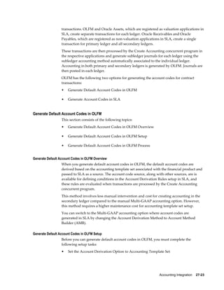 Accounting Integration    27-23
transactions. OLFM and Oracle Assets, which are registered as valuation applications in
SLA, create separate transactions for each ledger. Oracle Receivables and Oracle
Payables, which are registered as non-valuation applications in SLA, create a single
transaction for primary ledger and all secondary ledgers.
These transactions are then processed by the Create Accounting concurrent program in
the respective applications and generate subledger journals for each ledger using the
subledger accounting method automatically associated to the individual ledger.
Accounting in both primary and secondary ledgers is generated by OLFM. Journals are
then posted in each ledger.
OLFM has the following two options for generating the account codes for contract
transactions:
• Generate Default Account Codes in OLFM
• Generate Account Codes in SLA
Generate Default Account Codes in OLFM
This section consists of the following topics:
• Generate Default Account Codes in OLFM Overview
• Generate Default Account Codes in OLFM Setup
• Generate Default Account Codes in OLFM Process
Generate Default Account Codes in OLFM Overview
When you generate default account codes in OLFM, the default account codes are
derived based on the accounting template set associated with the financial product and
passed to SLA as a source. The account code source, along with other sources, are is
available for defining conditions in the Account Derivation Rules setup in SLA, and
these rules are evaluated when transactions are processed by the Create Accounting
concurrent program.
This method involves less manual intervention and cost for creating accounting in the
secondary ledger compared to the manual Multi-GAAP accounting option. However,
this method requires a higher maintenance cost for accounting template set setup.
You can switch to the Multi-GAAP accounting option where account codes are
generated in SLA by changing the Account Derivation Method to Account Method
Builder (AMB).
Generate Default Account Codes in OLFM Setup
Before you can generate default account codes in OLFM, you must complete the
following setup tasks:
• Set the Account Derivation Option to Accounting Template Set
 