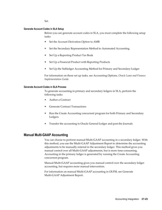 Accounting Integration    27-25
Set.
Generate Account Codes in SLA Setup
Before you can generate account codes in SLA, you must complete the following setup
tasks:
• Set the Account Derivation Option to AMB
• Set the Secondary Representation Method to Automated Accounting
• Set Up a Reporting Product Tax Book
• Set Up a Financial Product with Reporting Products
• Set Up the Subledger Accounting Method for Primary and Secondary Ledger
For information on these set up tasks, see Accounting Options, Oracle Lease and Finance
Implementation Guide.
Generate Account Codes in SLA Process
To generate accounting in primary and secondary ledgers in SLA, perform the
following tasks:
• Author a Contract
• Generate Contract Transactions
• Run the Create Accounting concurrent program for both Primary and Secondary
Ledgers
• Transfer the accounting to Oracle General Ledger and post the Journals
Manual Multi-GAAP Accounting
You can choose to perform manual Multi-GAAP accounting in a secondary ledger. With
this method, you use the Multi-GAAP Adjustment Report to determine the accounting
adjustments to be manually entered in the secondary ledger. This method gives you
manual control over all Multi-GAAP adjustments, but is more time-consuming.
Accounting in the primary ledger is generated by running the Create Accounting
concurrent program.
Manual Multi-GAAP accounting gives you manual control over the secondary ledger
accounting, but requires more manual intervention.
For information on manual Multi-GAAP accounting in OLFM, see Generate
Multi-GAAP Adjustment Report.
 