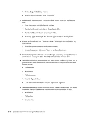 28-24    Oracle Lease and Finance Management User's Guide
• Re-run the periodic billing process.
• Transfer the invoices into Oracle Receivables.
11. Enter receipts from customers. This is part of the Invoice to Receipt key business
flow.
• Enter the receipts individually or in batches.
• Run the batch receipts interface to Oracle Receivables.
• Run the lockbox interface to Oracle Receivables.
• Manually apply the receipts that the cash application rules do not process.
12. Update syndicated contracts. This is part of the Credit Application to Booking key
business flow.
• Record investments against syndication contracts.
• Invoice for payment of investors' share of syndicated contracts.
13. Create manual journal entries in Oracle Subledger Accounting for adjustments at a
contract level. This is part of the Period Open to Close key business flow.
14. Transfer miscellaneous disbursements and debit memos to Oracle Payables. This is
part of the Oracle Payables module. These miscellaneous disbursements and debit
memos include:
• Passthroughs
• Vendor cure
• Ad hoc expenses
• Security deposit refund
• UCC (Uniform Commercial Code) and registration expenses.
15. Transfer miscellaneous billing and credit memos to Oracle Receivables. This is part
of the Oracle Receivables module. These billings and credit memos include:
• Vendor cure
• Ad hoc fees
• Investor stake
 