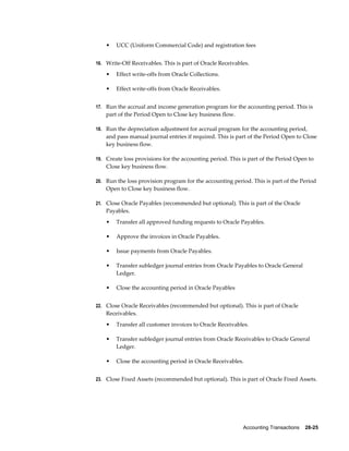 Accounting Transactions    28-25
• UCC (Uniform Commercial Code) and registration fees
16. Write-Off Receivables. This is part of Oracle Receivables.
• Effect write-offs from Oracle Collections.
• Effect write-offs from Oracle Receivables.
17. Run the accrual and income generation program for the accounting period. This is
part of the Period Open to Close key business flow.
18. Run the depreciation adjustment for accrual program for the accounting period,
and pass manual journal entries if required. This is part of the Period Open to Close
key business flow.
19. Create loss provisions for the accounting period. This is part of the Period Open to
Close key business flow.
20. Run the loss provision program for the accounting period. This is part of the Period
Open to Close key business flow.
21. Close Oracle Payables (recommended but optional). This is part of the Oracle
Payables.
• Transfer all approved funding requests to Oracle Payables.
• Approve the invoices in Oracle Payables.
• Issue payments from Oracle Payables.
• Transfer subledger journal entries from Oracle Payables to Oracle General
Ledger.
• Close the accounting period in Oracle Payables
22. Close Oracle Receivables (recommended but optional). This is part of Oracle
Receivables.
• Transfer all customer invoices to Oracle Receivables.
• Transfer subledger journal entries from Oracle Receivables to Oracle General
Ledger.
• Close the accounting period in Oracle Receivables.
23. Close Fixed Assets (recommended but optional). This is part of Oracle Fixed Assets.
 