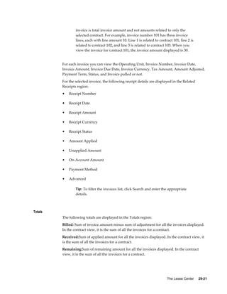 The Lease Center     29-21
invoice is total invoice amount and not amounts related to only the
selected contract. For example, invoice number 101 has three invoice
lines, each with line amount 10. Line 1 is related to contract 101, line 2 is
related to contract 102, and line 3 is related to contract 103. When you
view the invoice for contract 101, the invoice amount displayed is 30.
For each invoice you can view the Operating Unit, Invoice Number, Invoice Date,
Invoice Amount, Invoice Due Date, Invoice Currency, Tax Amount, Amount Adjusted,
Payment Term, Status, and Invoice pulled or not.
For the selected invoice, the following receipt details are displayed in the Related
Receipts region:
• Receipt Number
• Receipt Date
• Receipt Amount
• Receipt Currency
• Receipt Status
• Amount Applied
• Unapplied Amount
• On-Account Amount
• Payment Method
• Advanced
Tip: To filter the invoices list, click Search and enter the appropriate
details.
Totals
The following totals are displayed in the Totals region:
Billed: Sum of invoice amount minus sum of adjustment for all the invoices displayed.
In the contract view, it is the sum of all the invoices for a contract.
Received:Sum of applied amount for all the invoices displayed. In the contract view, it
is the sum of all the invoices for a contract.
Remaining:Sum of remaining amount for all the invoices displayed. In the contract
view, it is the sum of all the invoices for a contract.
 