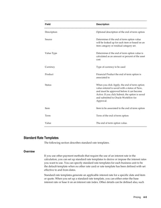 Pricing    4-5
Field Description
Description Optional description of the end of term option
Source Determines if the end of term option value
will be looked up for each item or based on an
item category or residual category set.
Value Type Determines if the end of term option value is
calculated as an amount or percent of the asset
cost.
Currency Type of currency to be used
Product Financial Product the end of term option is
associated to
Status When you click Apply, the end of term option
value entered is saved with a status of New,
and must be approved before it can become
Active. If you click Submit, the option is saved
and submitted to Oracle Workflow for
Approval.
Item Item to be associated to the end of term option
Term Term of the end of term option
Value The end of term option value.
Standard Rate Templates
The following section describes standard rate templates.
Overview
If you use other payment methods that require the use of an interest rate in the
calculation, you can set up standard rate templates to derive or impose the interest rates
you want to use. You can specify standard rate templates for each business unit to be
the default template when no other rate card or rate template has been defined with set
effective to and from dates.
Standard rate templates generate an applicable interest rate for a specific date and item
or quote. When you set up a standard rate template, you can either enter the base
interest rate or base it on an interest rate index. Other details can be defined also, such
 