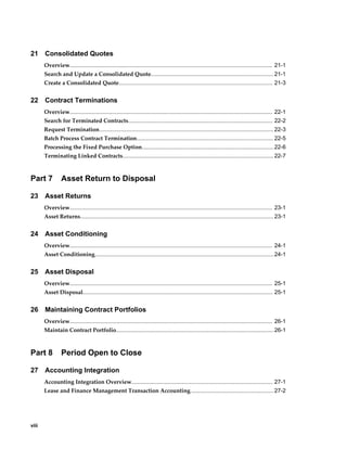 viii
21 Consolidated Quotes
Overview................................................................................................................................. 21-1
Search and Update a Consolidated Quote.............................................................................. 21-1
Create a Consolidated Quote.................................................................................................. 21-3
22 Contract Terminations
Overview................................................................................................................................. 22-1
Search for Terminated Contracts............................................................................................ 22-2
Request Termination............................................................................................................... 22-3
Batch Process Contract Termination....................................................................................... 22-5
Processing the Fixed Purchase Option....................................................................................22-6
Terminating Linked Contracts................................................................................................ 22-7
Part 7 Asset Return to Disposal
23 Asset Returns
Overview................................................................................................................................. 23-1
Asset Returns........................................................................................................................... 23-1
24 Asset Conditioning
Overview................................................................................................................................. 24-1
Asset Conditioning..................................................................................................................24-1
25 Asset Disposal
Overview................................................................................................................................. 25-1
Asset Disposal......................................................................................................................... 25-1
26 Maintaining Contract Portfolios
Overview................................................................................................................................. 26-1
Maintain Contract Portfolio.................................................................................................... 26-1
Part 8 Period Open to Close
27 Accounting Integration
Accounting Integration Overview.......................................................................................... 27-1
Lease and Finance Management Transaction Accounting..................................................... 27-2
 