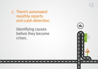 13
7.	There’s automated
monthly reports
and crash detection.
	Identifying causes
before they become
crises.
 