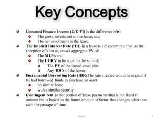 Key Concepts
Unearned Finance Income (U/E-FI) is the difference b/w:
       The gross investment in the lease; and
       The net investment in the lease.
The Implicit Interest Rate (IIR) in a lease is a discount rate that, at the
inception of a lease, causes aggregate PV of:
       The MLPs and
       The UGRV to be equal to the sum of;
             The FV of the leased asset plus
             Any IDCs of the lessor.
Incremental Borrowing Rate (IBR) The rate a lessee would have paid if
he had borrowed funds to purchase an asset
       on similar lease
       with a similar security
Contingent rent is that portion of lease payments that is not fixed in
amount but is based on the future amount of factor that changes other than
with the passage of time.

                                Leases                                        7
 