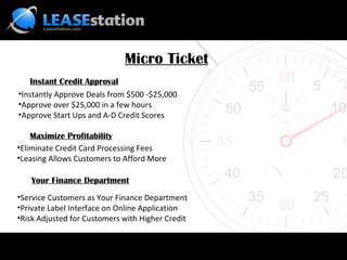 Micro Ticket Instantly Approve Deals from $500 -$25,000 Approve over $25,000 in a few hours Approve Start Ups and A-D Credit Scores Instant Credit Approval Maximize Profitability Service Customers as Your Finance Department Private Label Interface on Online Application Risk Adjusted for Customers with Higher Credit  Eliminate Credit Card Processing Fees Leasing Allows Customers to Afford More Your Finance Department 