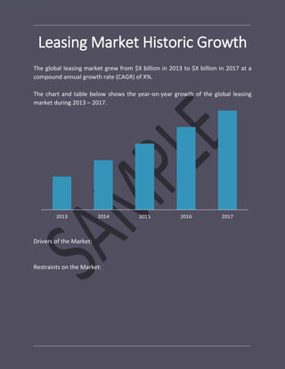 Leasing Market Historic Growth
The global leasing market grew from $X billion in 2013 to $X billion in 2017 at a
compound annual growth rate (CAGR) of X%.
The chart and table below shows the year-on-year growth of the global leasing
market during 2013 – 2017.
Drivers of the Market:
Restraints on the Market:
 