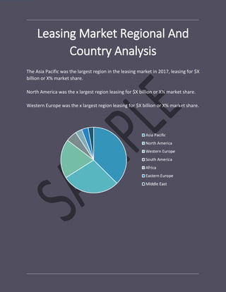 Leasing Market Regional And
Country Analysis
The Asia Pacific was the largest region in the leasing market in 2017, leasing for $X
billion or X% market share.
North America was the x largest region leasing for $X billion or X% market share.
Western Europe was the x largest region leasing for $X billion or X% market share.
 