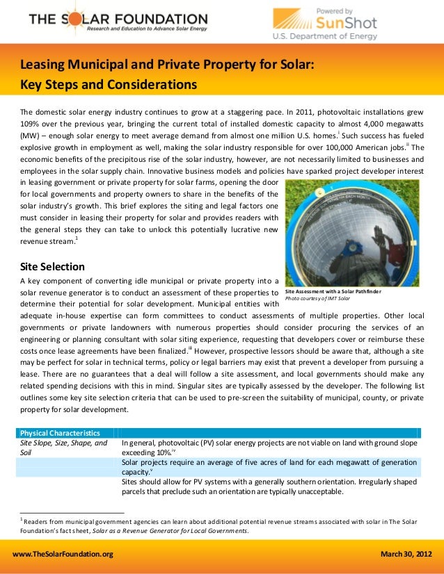 www.TheSolarFoundation.org March 30, 2012
Leasing Municipal and Private Property for Solar:
Key Steps and Considerations
T...