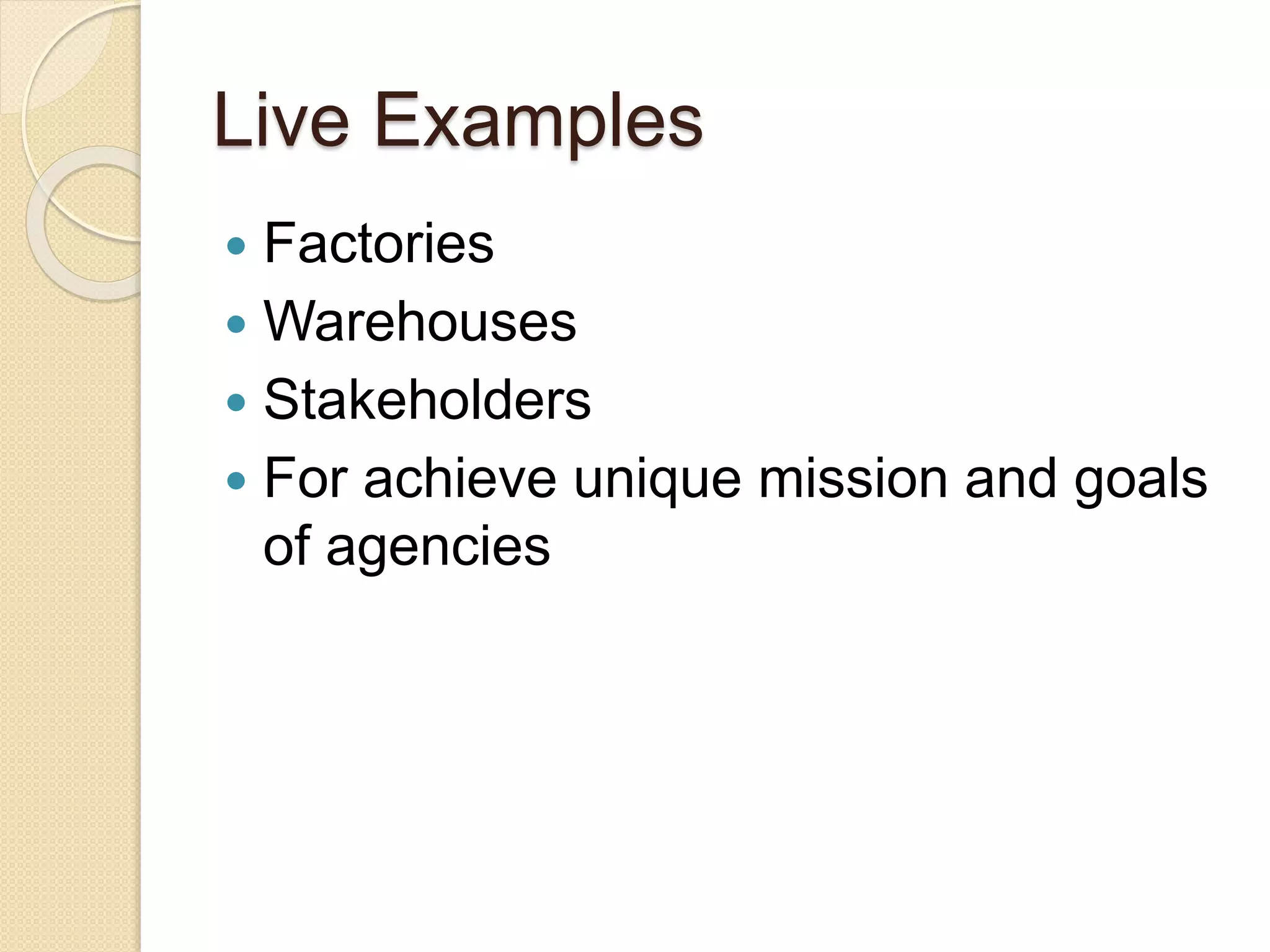 Live Examples
Factories
Warehouses
Stakeholders
For achieve unique mission and goals
of agencies
