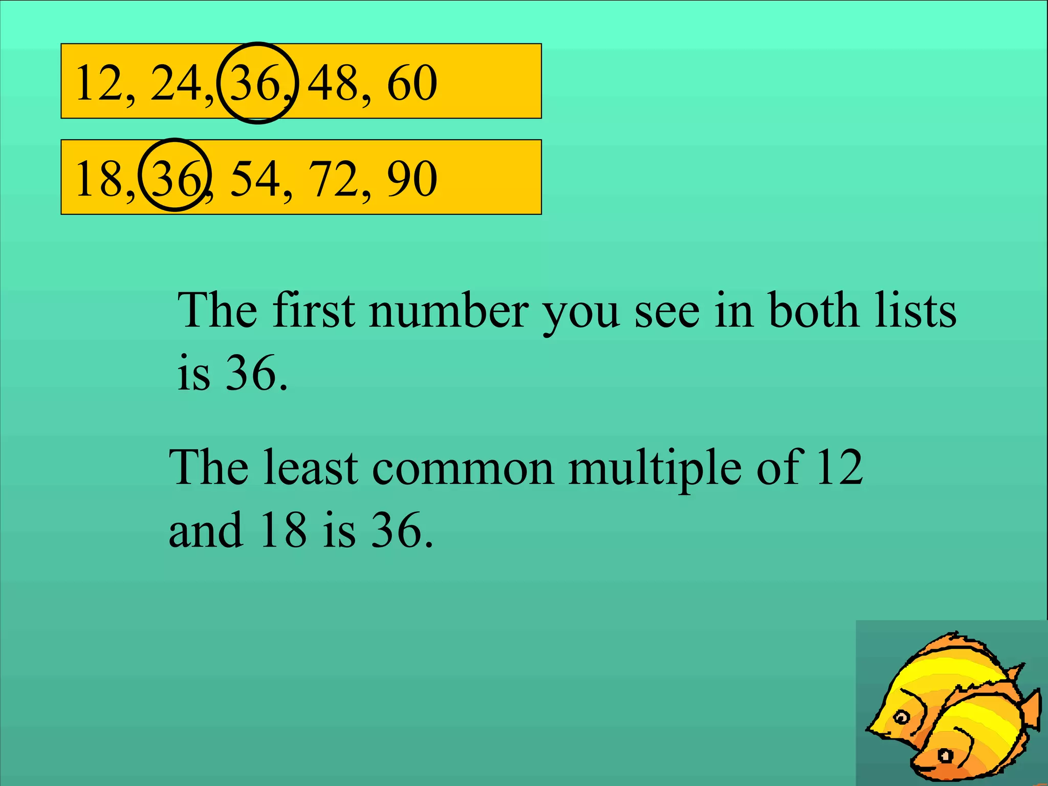 12, 24, 36, 48, 60
18, 36, 54, 72, 90
The first number you see in both lists
is 36.
The least common multiple of 12
and 18 is 36.
 