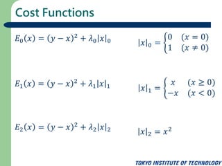 Cost Functions
𝐸2 𝑥 = 𝑦 − 𝑥 2 + 𝜆2 𝑥 2 𝑥 2 = 𝑥2
𝐸1 𝑥 = 𝑦 − 𝑥 2 + 𝜆1 𝑥 1 𝑥 1 =
𝑥 (𝑥 ≥ 0)
−𝑥 (𝑥 < 0)
𝐸0 𝑥 = 𝑦 − 𝑥 2 + 𝜆0 𝑥 0...