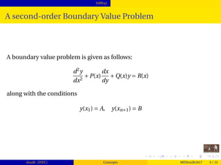 DiffEq1
A second-order Boundary Value Problem
A boundary value problem is given as follows:
d2
y
dx2
+P(x)
dx
dy
+Q(x)y = R(x)
along with the conditions
y(x1) = A, y(xn+1) = B
shudh (JNEC) Concepts MEStru2k1617 3 / 12
 