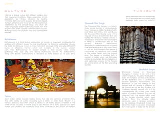 c u l t u r e
City has a diverse culture with different religions and
their respected traditions. Major proportion of city
population are Hindus followed by Muslims,
Christians, Sikhs and Jains. Dussera, Sankranthi, Ugadi,
Ramzan, Christmas and Diwali are the famous festivals
celebrated by the people.Telugu and Hindi are
major languages spoken by the city people, how ever
english is also widely used for communication purpose.
Warangal has a mix of urban, rural and cosmopolitan
lifestyles.
Bathukamma
Bathukamma is a floral festival celebrated by women of warangal, worshipping the
goddess with different flowers for nine days.Though the festival is celebrated all over
the state, it is famously known as major festival of warangal. After arranging different f
lowers in attractive manner which are available in the season, women
carry their "Bathukamma" to nearest temple in their locality, after crowd
gatherings they clap, sing and dance rhythmically around the Bathukamma.
Along with Bonalu, bathukamma is declared as state festival on 15 june 2014.
Cuisine
South Indian dishes includes Dosha, Vada, Puri, Idly are common breakfast items.
Rice with variety of curries including curd is taken as main food. "Biryani" is a
famous delicious food item which is served in all hotels, biryani available in the
hotels of old city area of mandi bazar is very famous for its taste. Special food items
Harees and Haleem are traditional food items available in the season of Ramzan
t u r i s u m
World Heritage status On 28 February
2013, Warangal was accorded World
Heritage town status by UNESCO.
Thousand Pillar Temple
The Thousand Pillar Temple is a historic
Hindu temple located in Hanamakonda
Town, Telangana, India. It is dedicated to
Lord Shiva, Lord Vishnu and Lord Surya.
The Thousand Pillar Temple is one of the
very old temples of South India that was
built by the kakatiyas. It stands out to be a
masterpiece and achieved major heights
in terms of architectural skills by the
ancient Kakatiya vishwakarma
sthapathis. It is believed that the Thousand
Pillar Temple was built by King Rudra Deva
in 1163 AD. The Thousand Pillar Temple is
constructed on a platform that is raised
to one meter height from the ground
level. The temple is provided with a
number of pillars which are intricately
carved and adorned. Rock cut elephants
and perforated screens in the temple
are characteristic of the then prevailing
dynasty.
Bhadrakali Temple
Bhadrakali Temple in Warangal,
Telangana is known to be one of the
oldest temples for Goddess Bhadrakali in
India. This temple is located on the banks
of the Bhadrakali lake, a picturesque
location between Hanamkonda and
Warangal. As per the writings on the
temple wall this temple is believed to
be constructed by the King Pulakesi II of
Chalukya dynasty around 625 A.D to
commemorate his victory over Vengi
region of Andhra Desham. This can be
observed from the square pillars used
in the temple structure which were
different from the circular pillars
commonly used in temples construct-
ed by Kakatiyas. Bhadrakali Temple has
become a major tourist place and people
from many parts of India visit this temple.
Design & Technical Development Workshop/NCDPD/2014………..P a g e 25 | 46
SURVEY REPORT
 